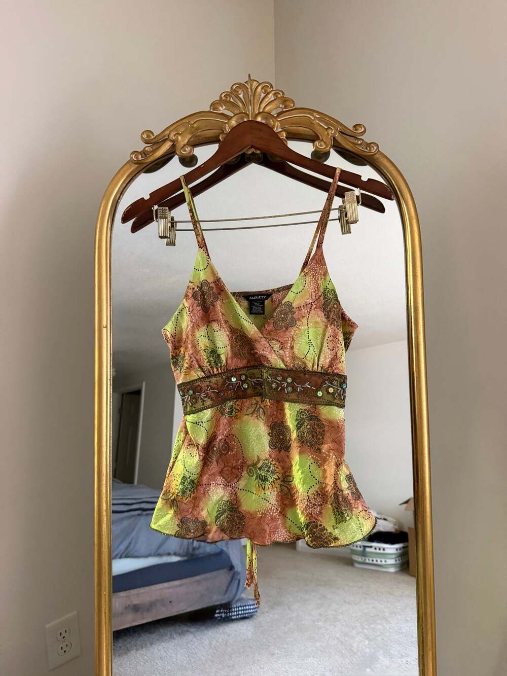 Vintage Y2K 90s Anxiety Brown Green Sequin Tie Babydoll Tank Top Shirt